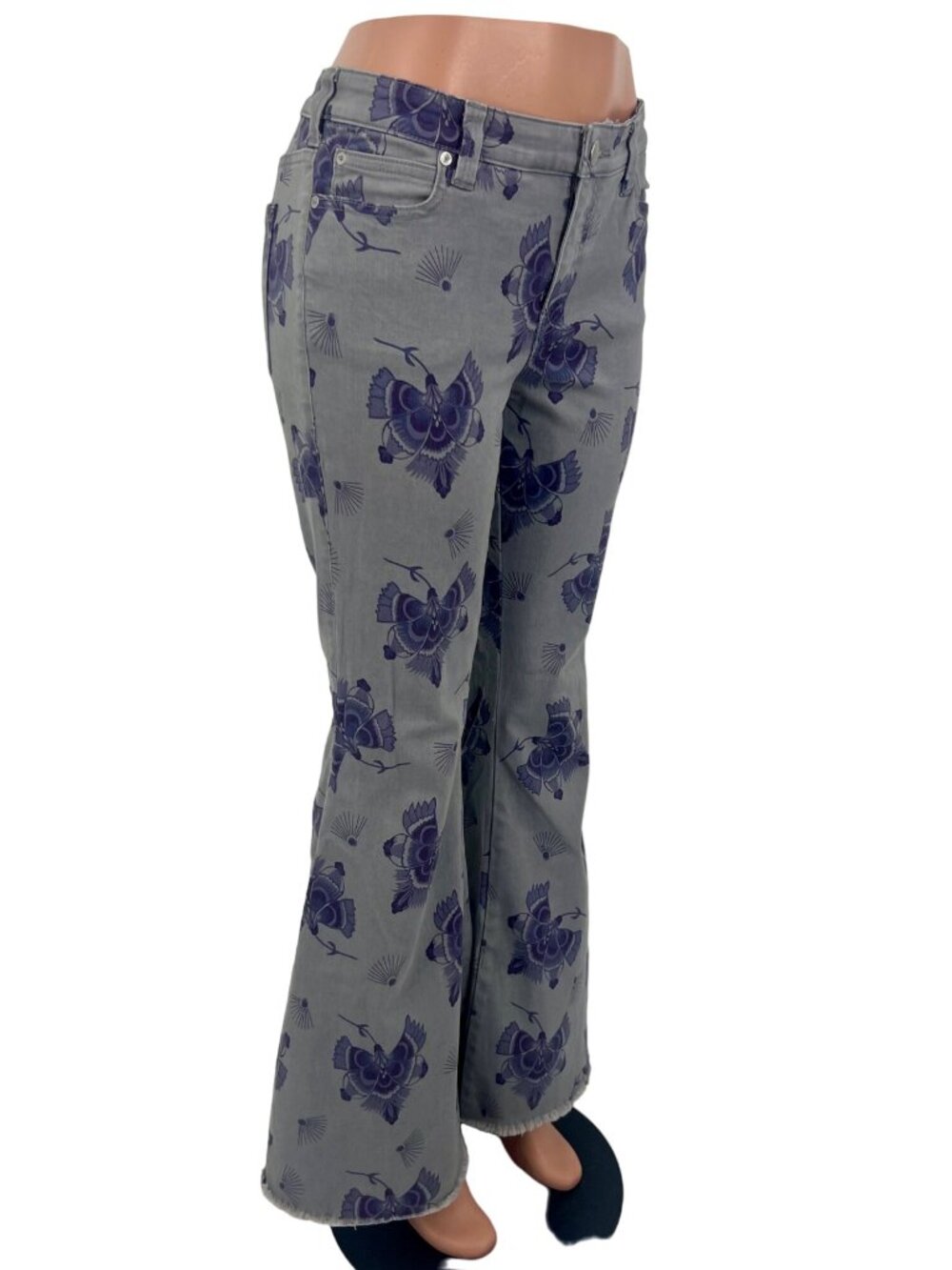 NWOT Free People Gray Mid-Rise Floral Super Flare Bell Bottom Jeans 32| 70s Boho - Picture 6 of 16